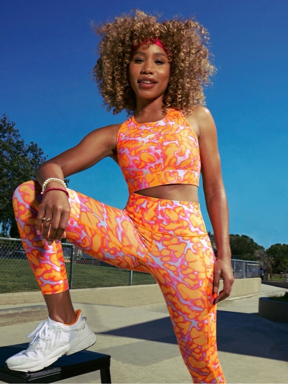 Fabletics Surf & Sand Orange & Pink Abstract Sports Bra - Matching Shorts Avail